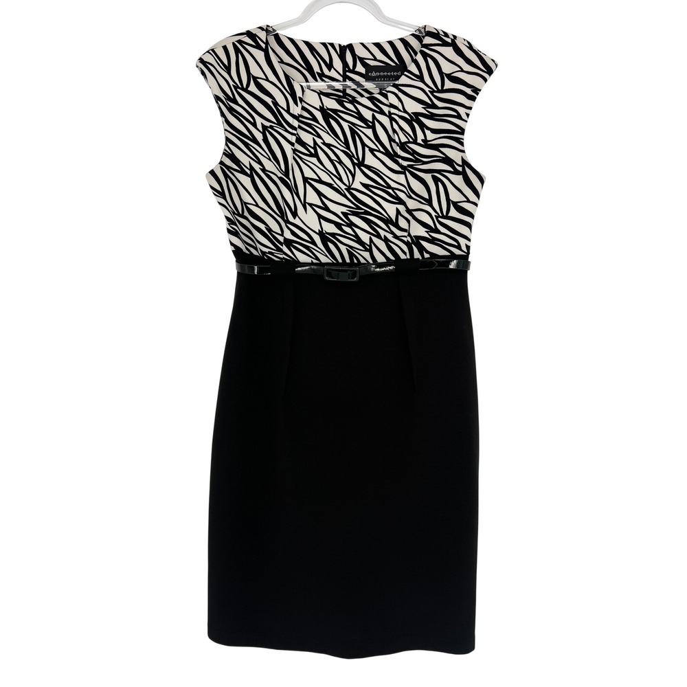 Connected Apparel Sheath Dress Women 12 Black White Leaf Print Belted Career